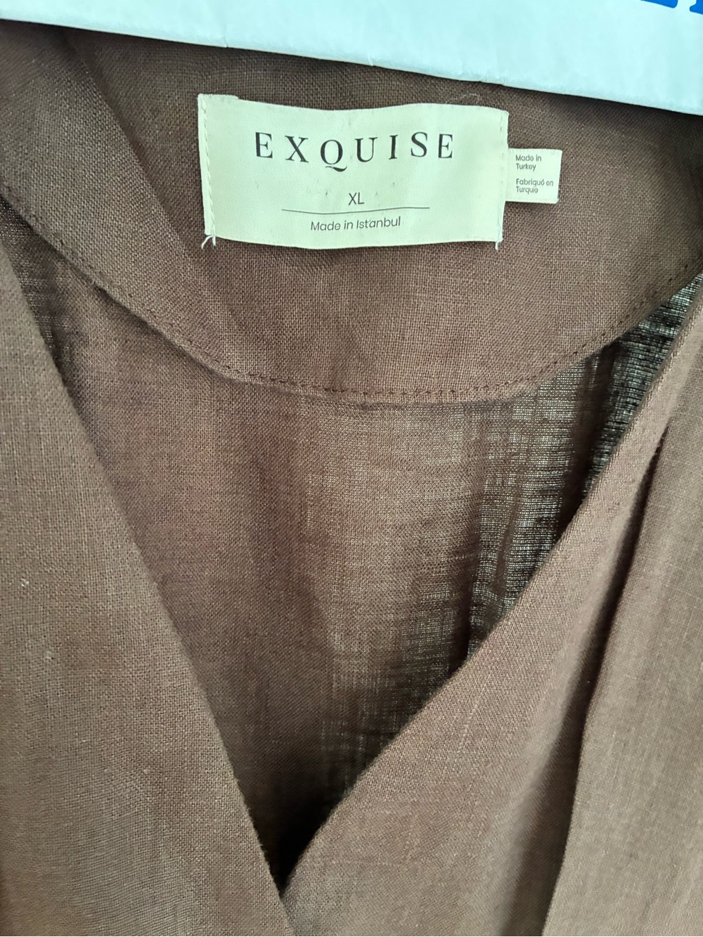 Anthropologie Exquise Brown linen Button-Front Waist-Defined Mini Dress - Picture 6 of 7
